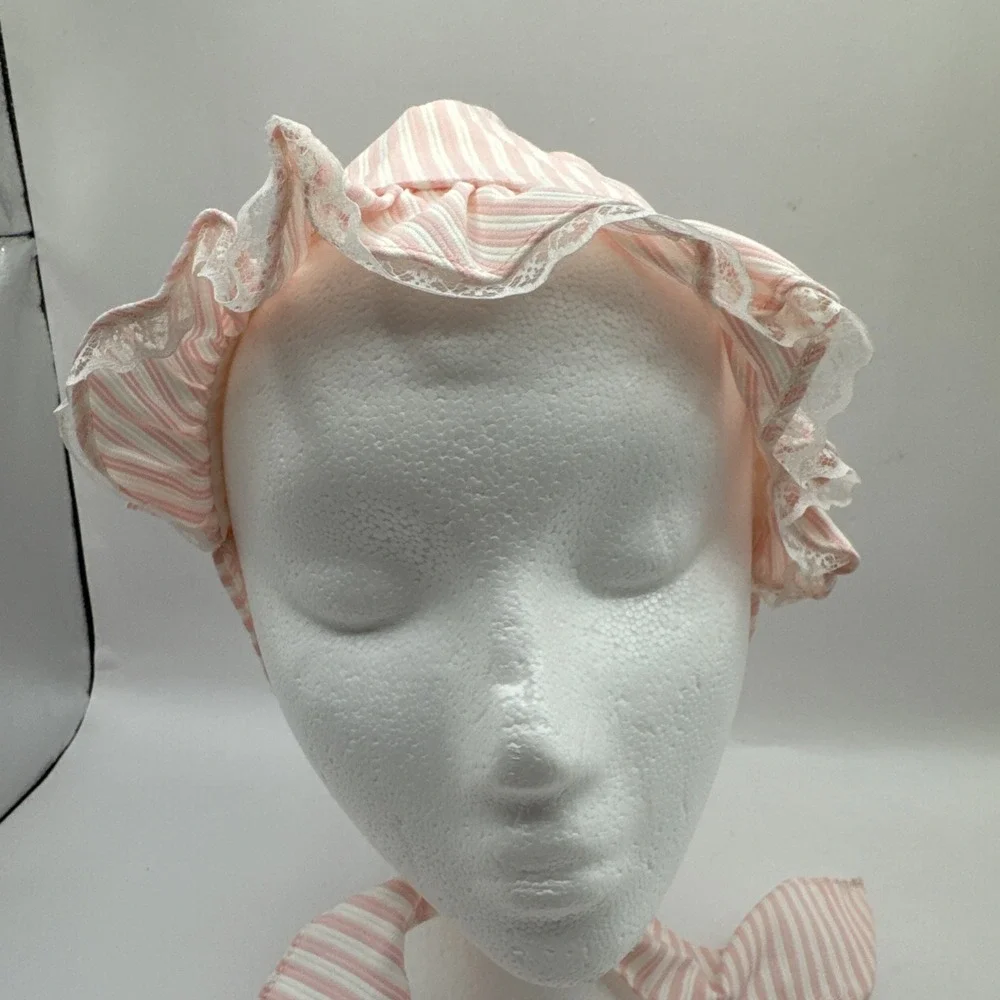 Vintage Baby Bonnet Pink White Cotton Stripe Adjustable Ribbon‎